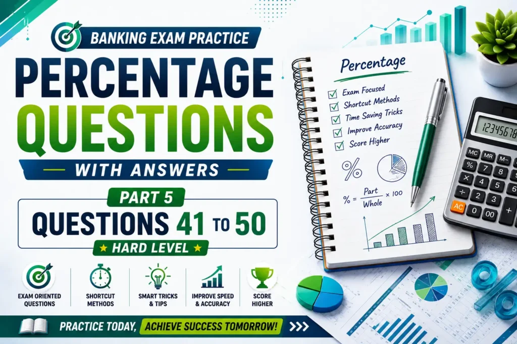 Percentage Questions with Answers Part 5 featuring Banking Mains percentage practice questions (41–50), calculator, percentage symbol, notebook, charts, and shortcut tricks for IBPS PO, SBI PO, RBI Assistant, SSC CGL, LIC AAO, and RRB exams.